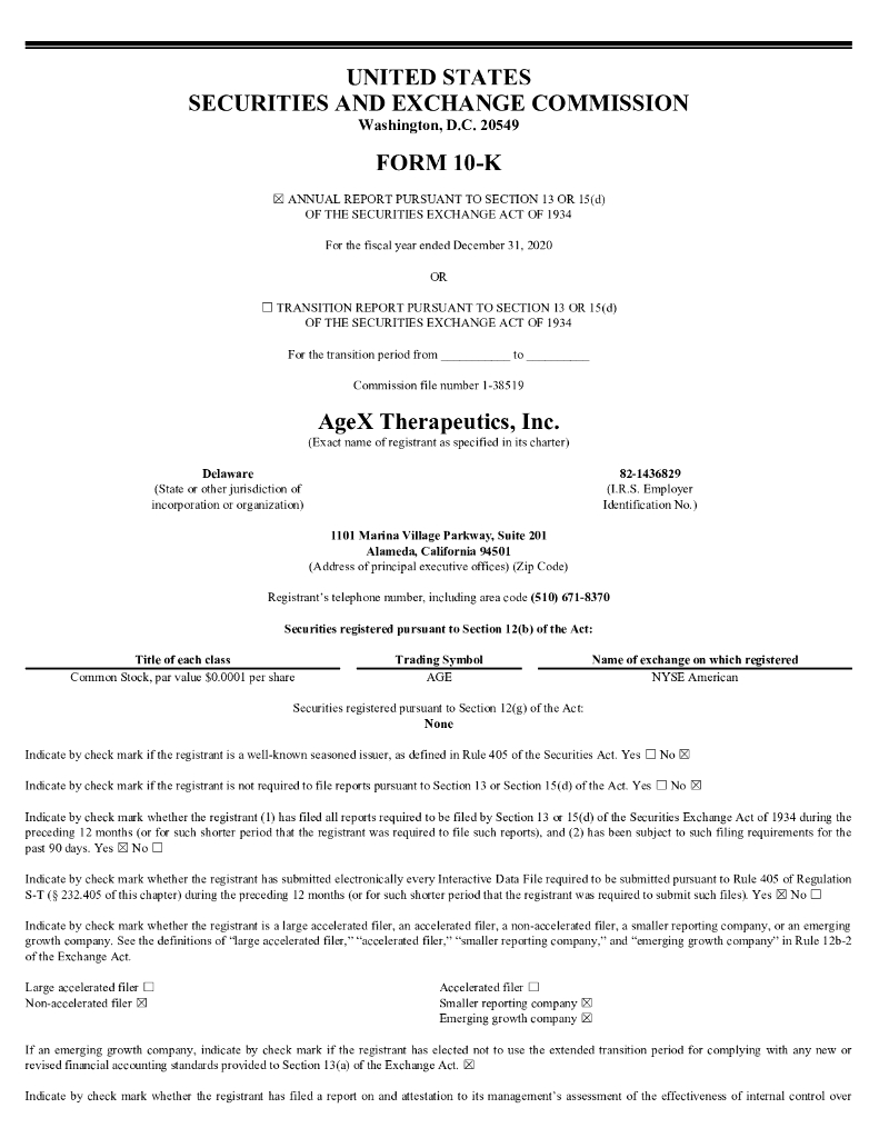 AgeX Therapeutics, Inc.（AGE）2020财年年度报告（英文版）
