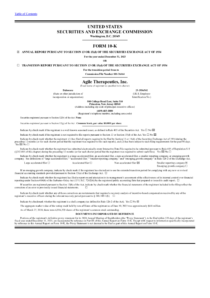 Agile Therapeutics Inc（AGRX）2023财年年度报告（英文版）