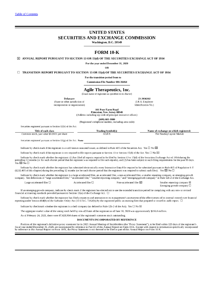 Agile Therapeutics Inc（AGRX）2020财年年度报告（英文版）