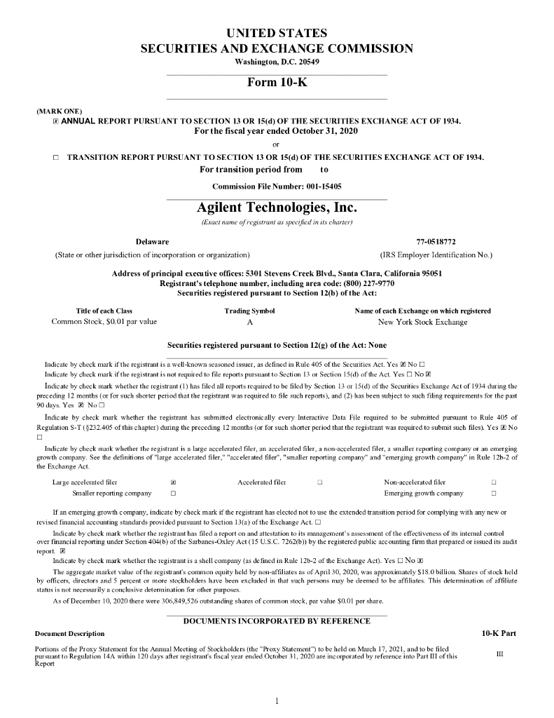 Agilent Technologies Inc.（A）2020财年年度报告（英文版）