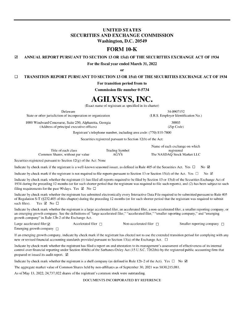 Agilysys Inc.（AGYS）2022财年年度报告（英文版）