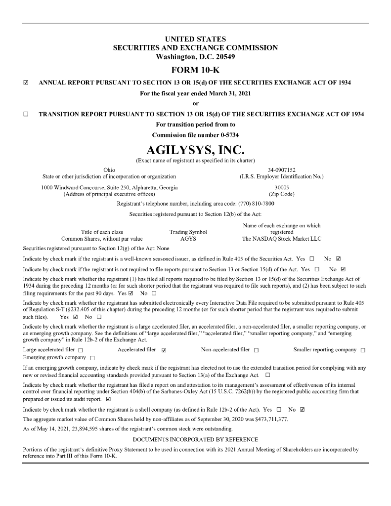 Agilysys Inc.（AGYS）2021财年年度报告（英文版）
