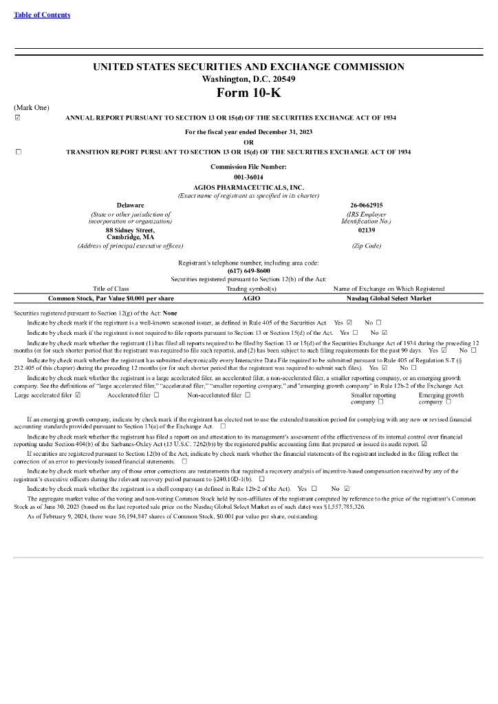 Agios Pharmaceuticals（AGIO）2023财年年度报告（英文版）