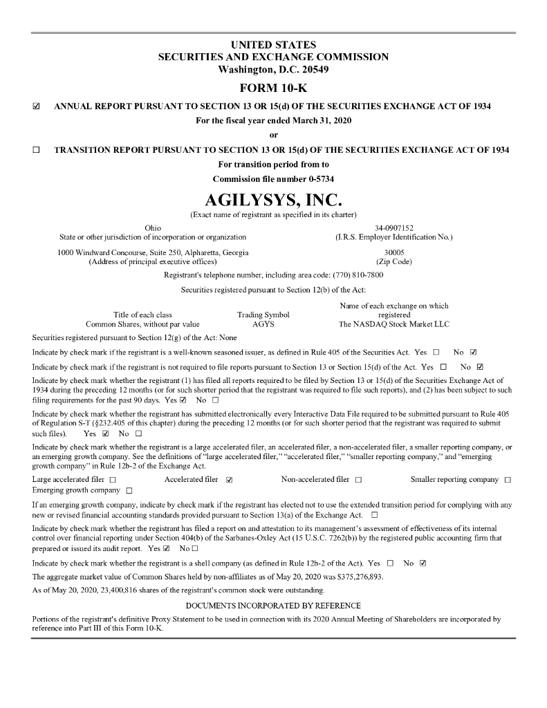 Agilysys Inc.（AGYS）2020财年年度报告（英文版）
