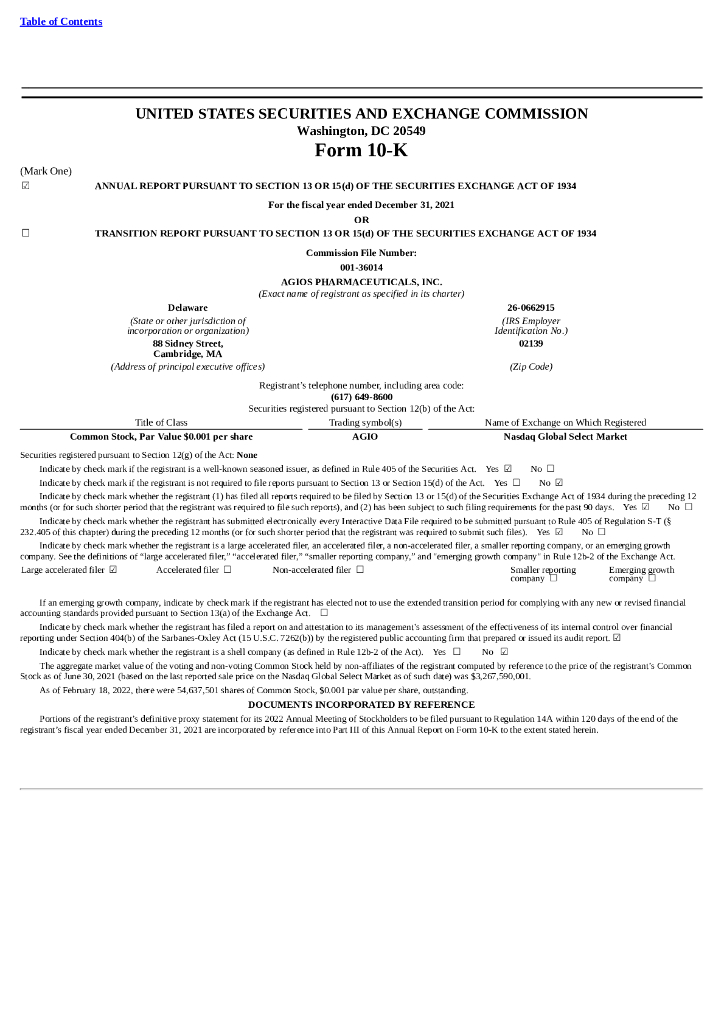 Agios Pharmaceuticals（AGIO）2021财年年度报告（英文版）