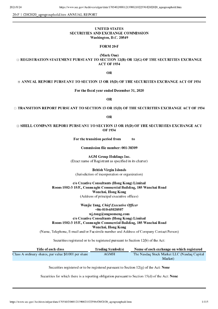 AGM Group Holdings Inc.（AGMH）2020财年年度报告（英文版）