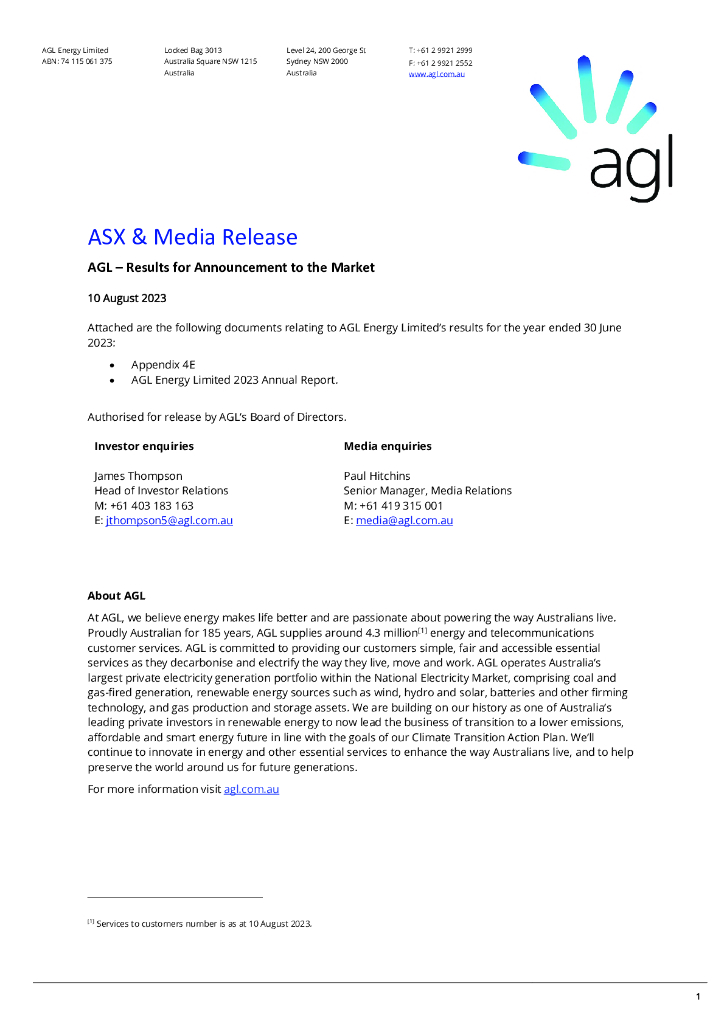 AGL Energy Limited（AGL）2023财年年度报告（英文版）