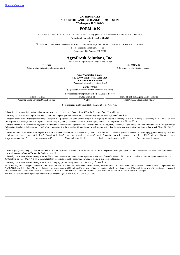 AgroFresh Solutions, Inc.（AGFS）2021财年年度报告（英文版）