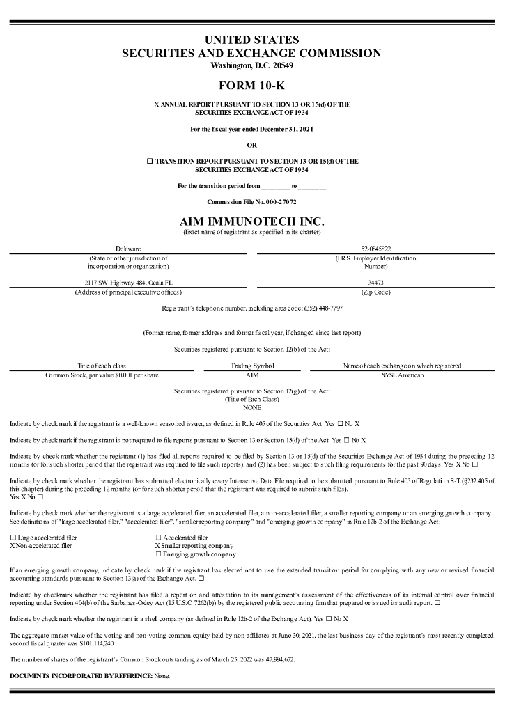 AIM ImmunoTech Inc.（AIM）2021财年年度报告（英文版）