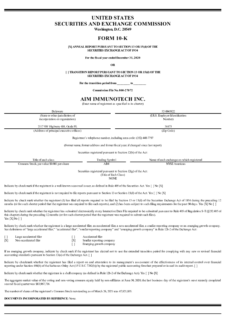AIM ImmunoTech Inc.（AIM）2020财年年度报告（英文版）