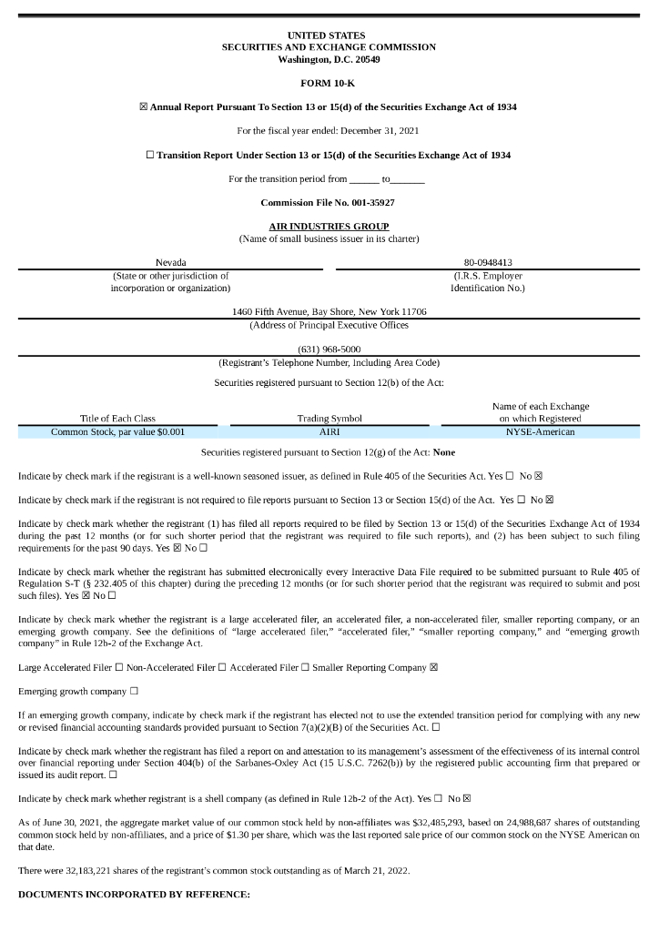 Air Industries Group（AIRI）2021财年年度报告（英文版）