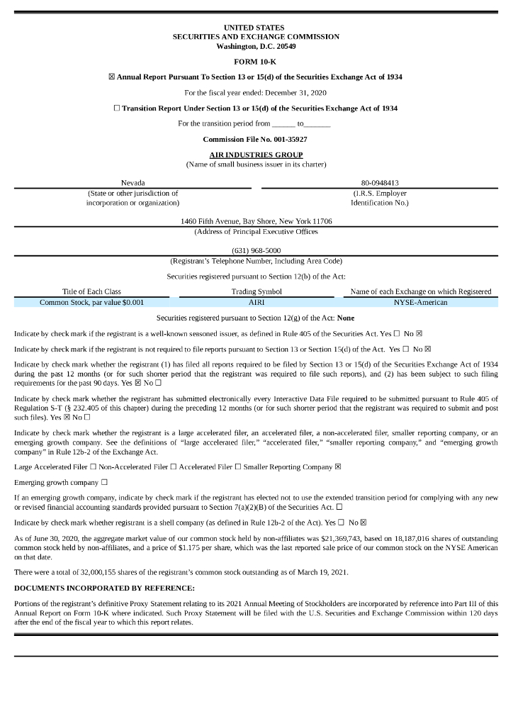 Air Industries Group（AIRI）2020财年年度报告（英文版）