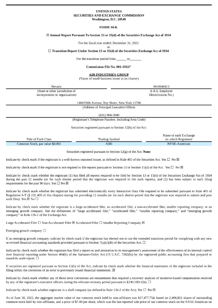 Air Industries Group（AIRI）2022财年年度报告（英文版）