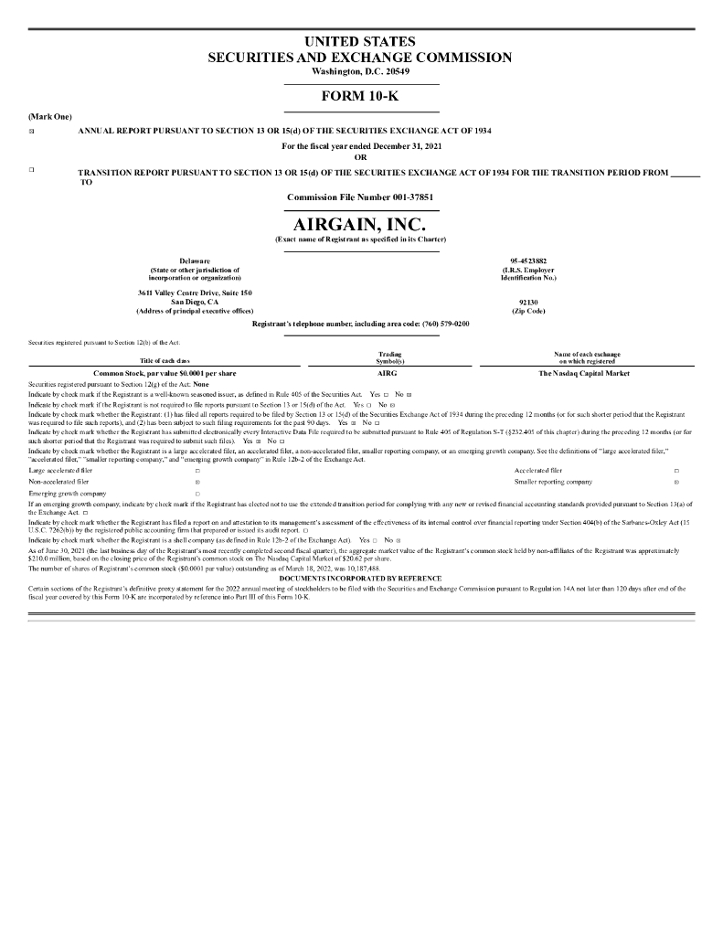 Airgain, Inc.（AIRG）2021财年年度报告（英文版）