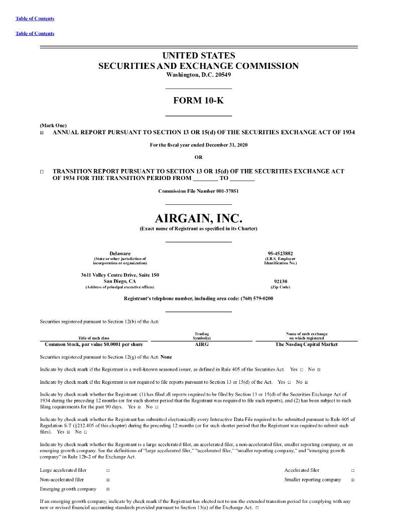 Airgain, Inc.（AIRG）2020财年年度报告（英文版）