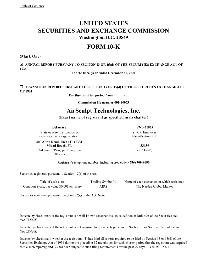 AirSculpt Technologies, Inc.（AIRS）2021财年年度报告（英文版）