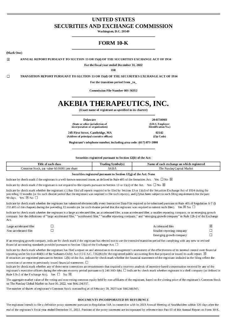Akebia Therapeutics Inc（AKBA）2022财年年度报告（英文版）