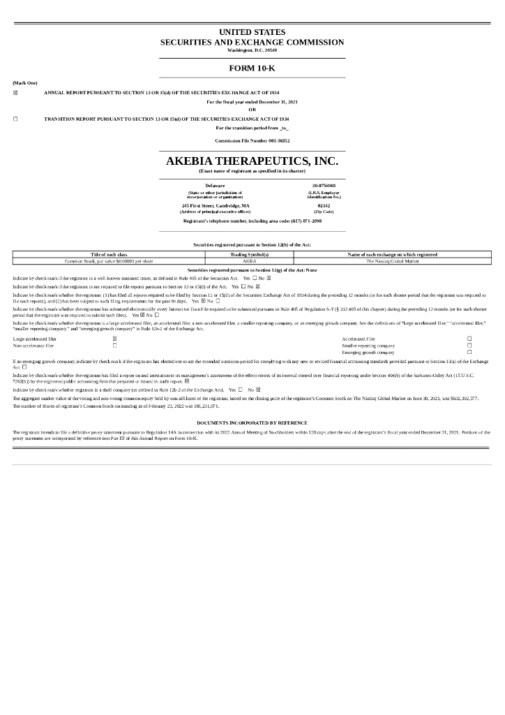 Akebia Therapeutics Inc（AKBA）2021财年年度报告（英文版）