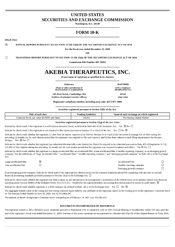 Akebia Therapeutics Inc（AKBA）2020财年年度报告（英文版）