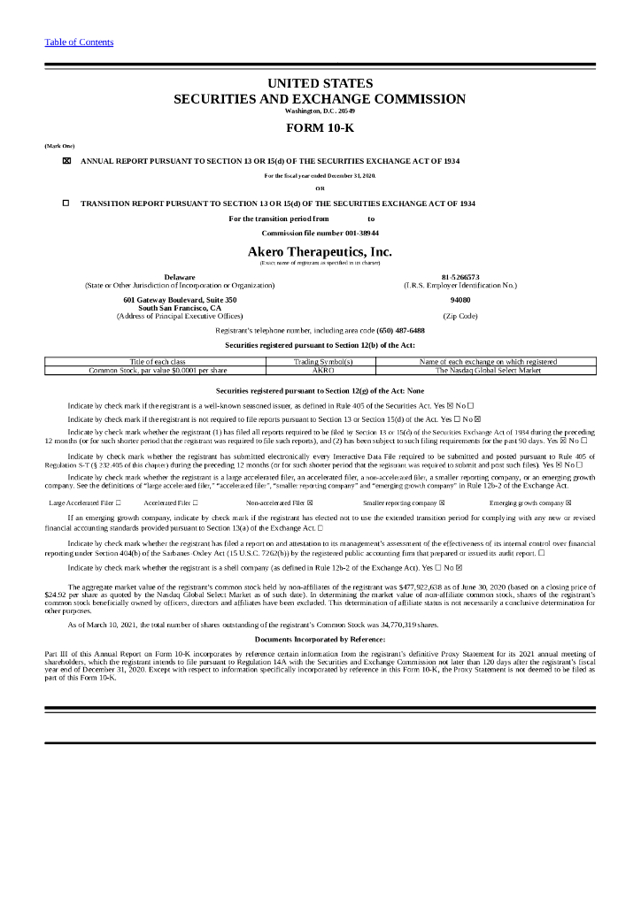 Akero Therapeutics, Inc.（AKRO）2020财年年度报告（英文版）