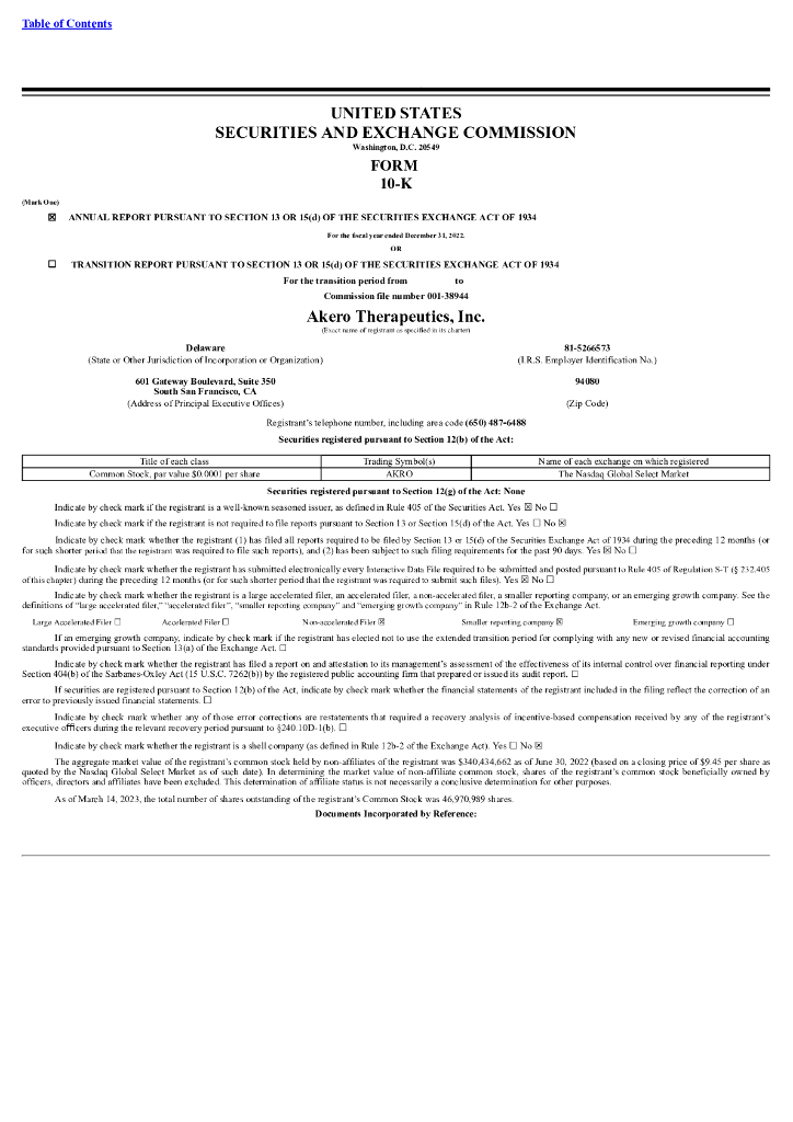 Akero Therapeutics, Inc.（AKRO）2022财年年度报告（英文版）