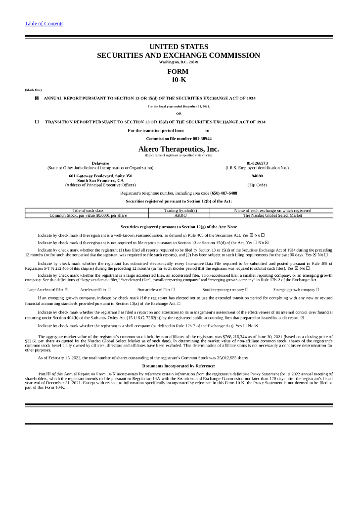 Akero Therapeutics, Inc.（AKRO）2021财年年度报告（英文版）