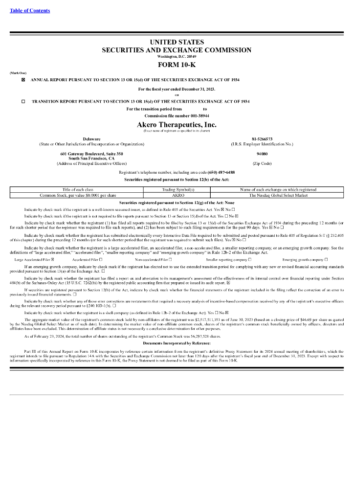 Akero Therapeutics, Inc.（AKRO）2023财年年度报告（英文版）