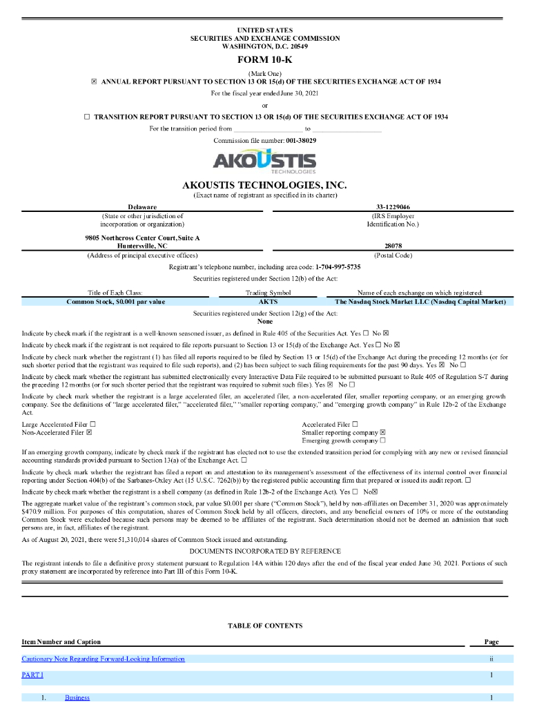 Akoustis Technologies, Inc.（AKTS）2021财年年度报告（英文版）