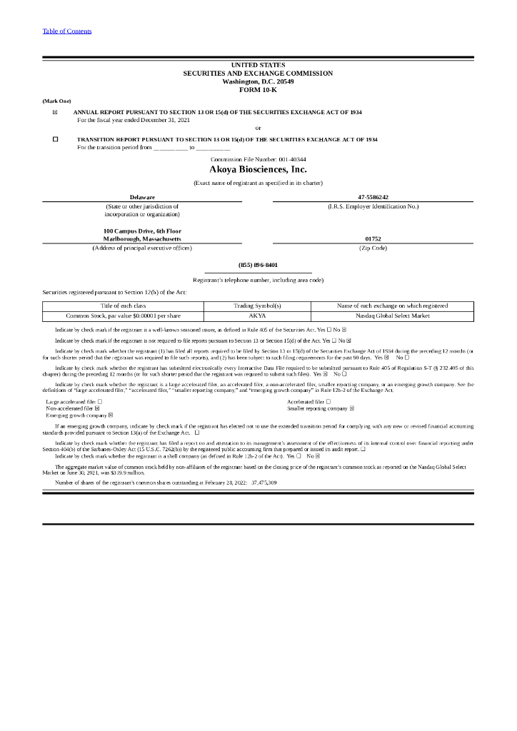 Akoya Biosciences, Inc.（AKYA）2021财年年度报告（英文版）