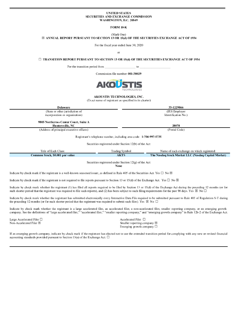 Akoustis Technologies, Inc.（AKTS）2020财年年度报告（英文版）