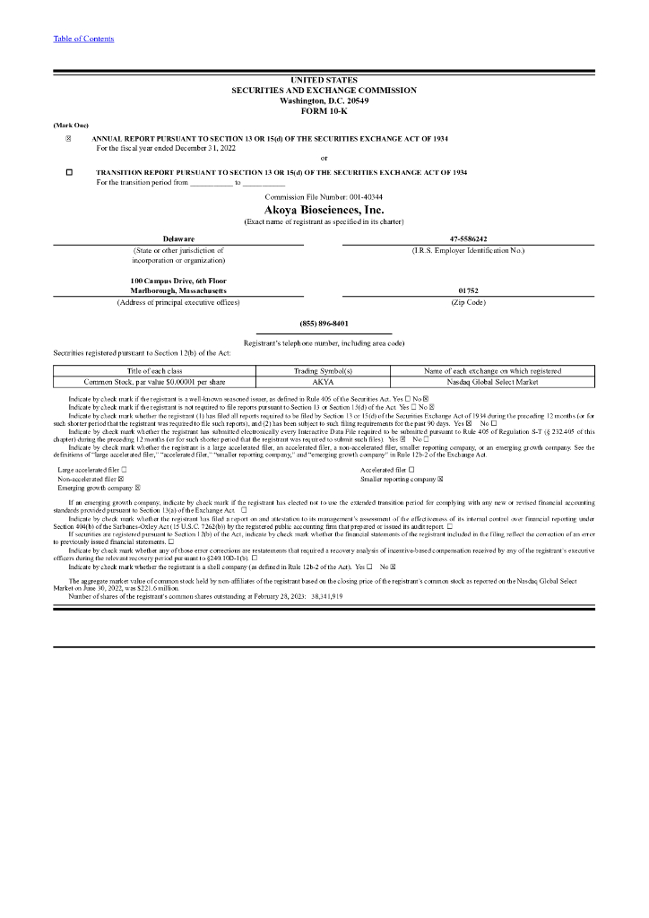 Akoya Biosciences, Inc.（AKYA）2022财年年度报告（英文版）