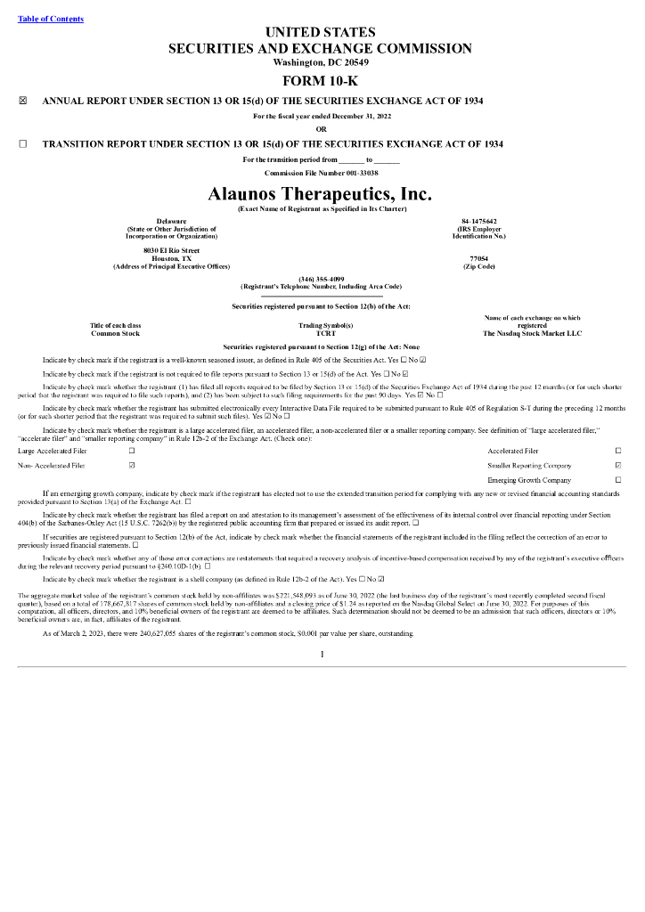 Alaunos Therapeutic（TCRT）2022财年年度报告（英文版）