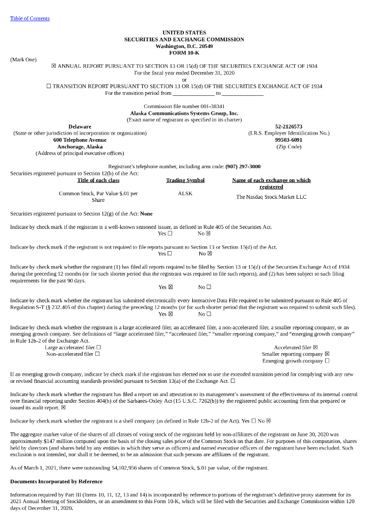Alaska Communications Systems Group Inc.（ALSK）2020财年年度报告（英文版）