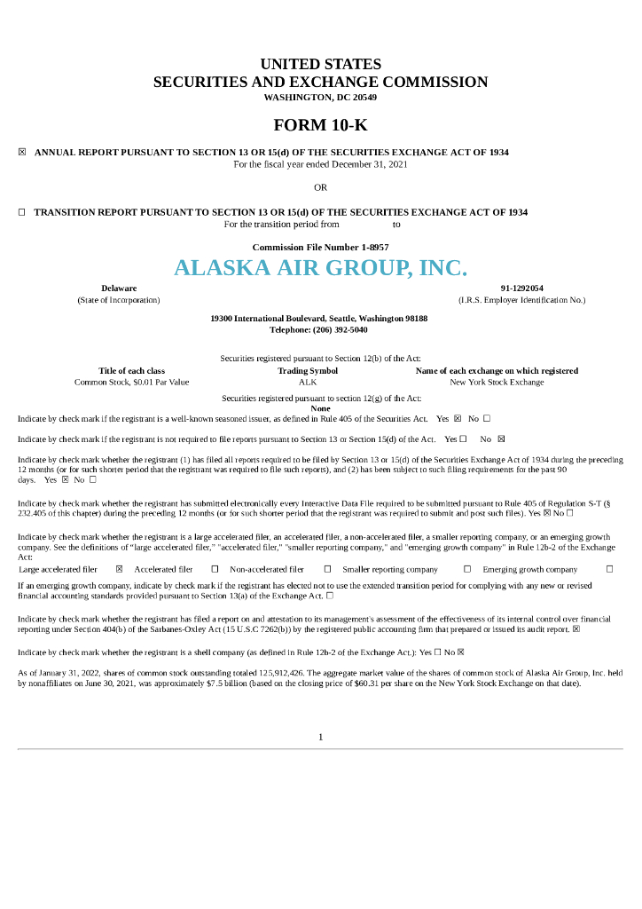 Alaska Air Group Inc.（ALK）2021财年年度报告（英文版）