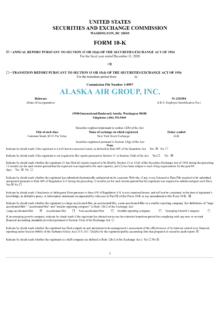Alaska Air Group Inc.（ALK）2020财年年度报告（英文版）