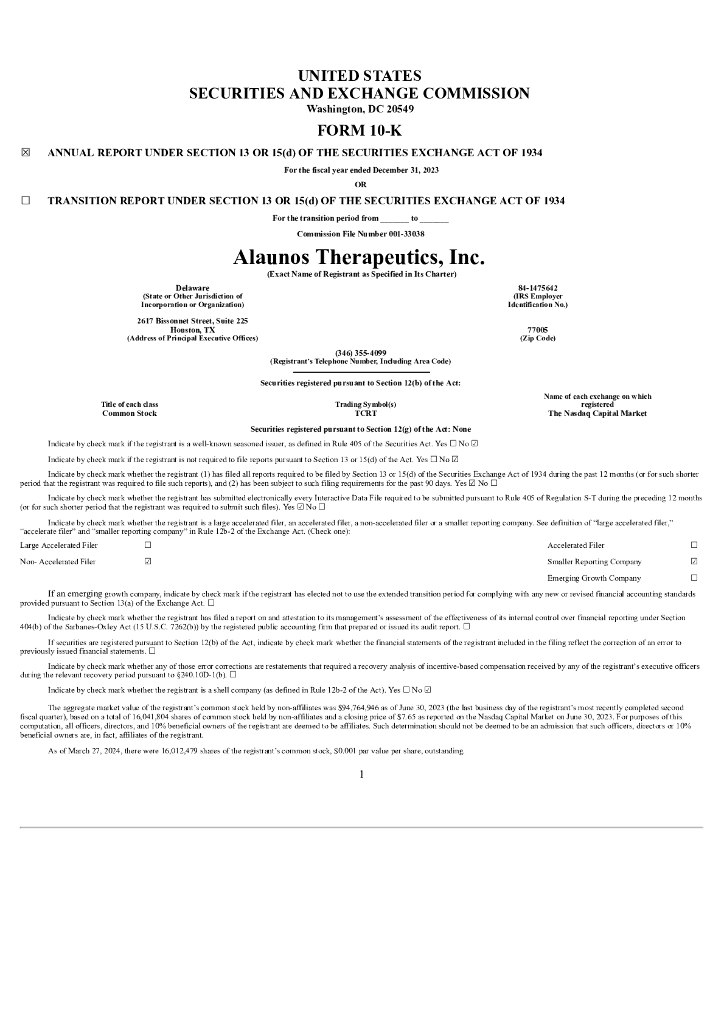 Alaunos Therapeutic（TCRT）2023财年年度报告（英文版）