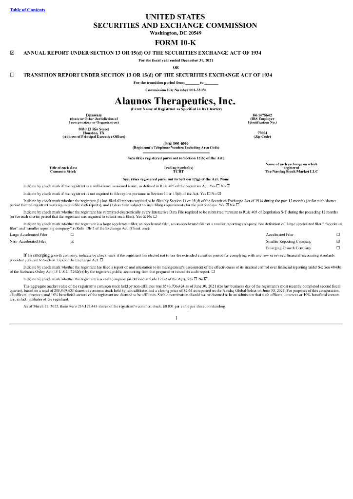 Alaunos Therapeutic（TCRT）2021财年年度报告（英文版）