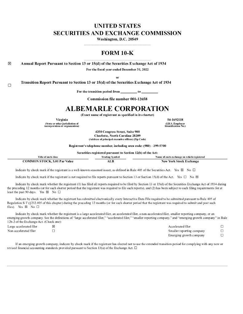 Albemarle Corporation（ALB）2022财年年度报告（英文版）