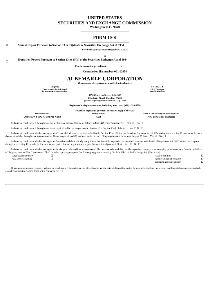 Albemarle Corporation（ALB）2021财年年度报告（英文版）