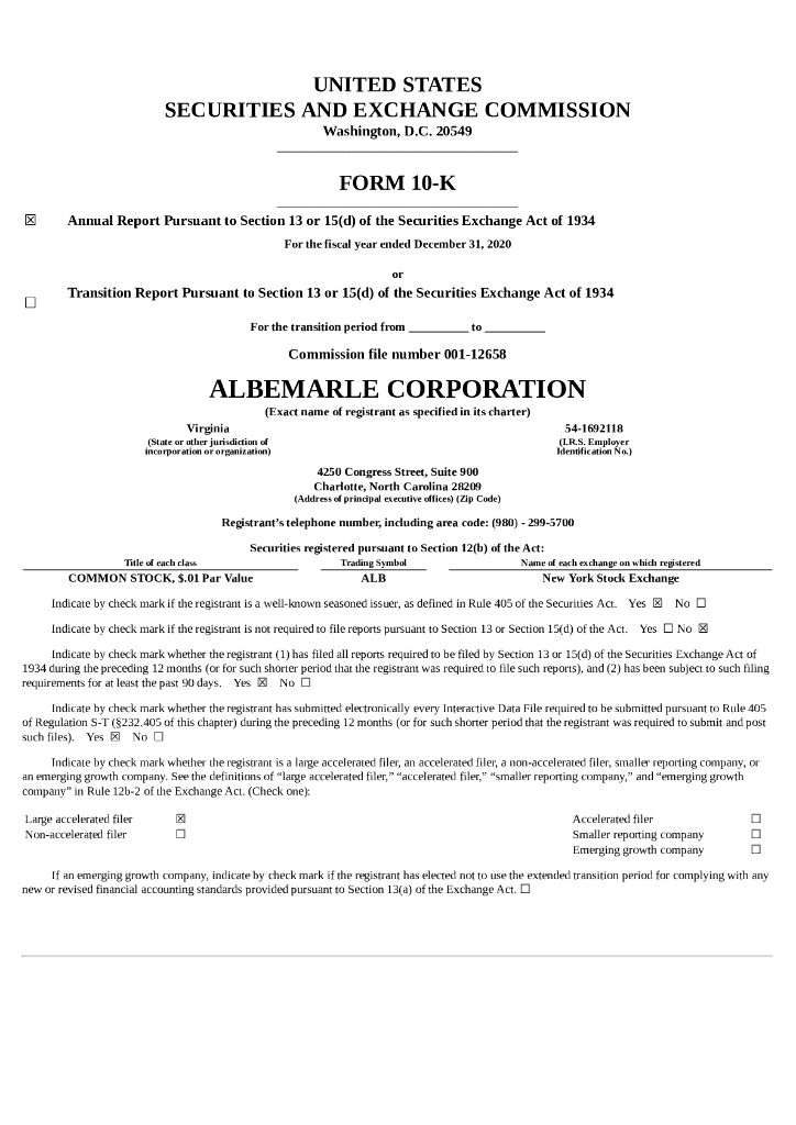 Albemarle Corporation（ALB）2020财年年度报告（英文版）