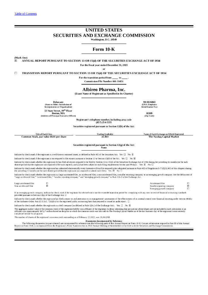 Albireo Pharma, Inc.（ALBO）2021财年年度报告（英文版）