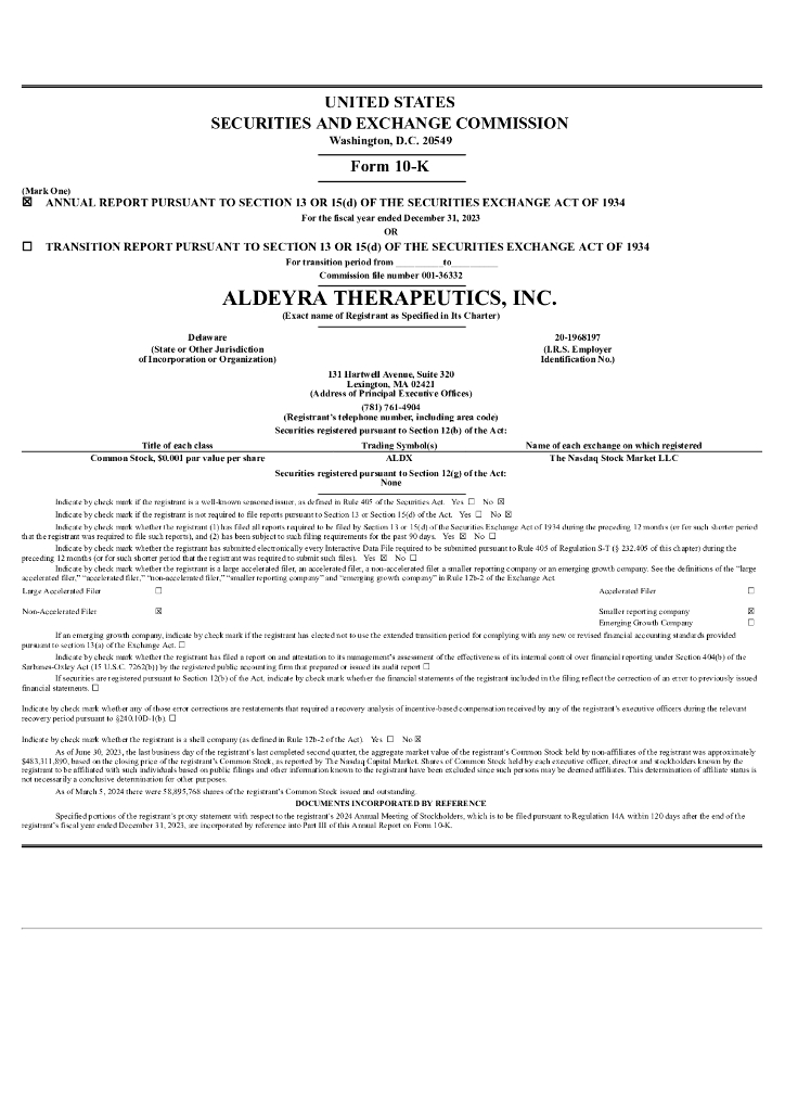 Aldeyra Therapeutics, Inc.（ALDX）2023财年年度报告（英文版）