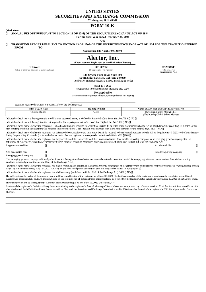 Alector, Inc.（ALEC）2021财年年度报告（英文版）