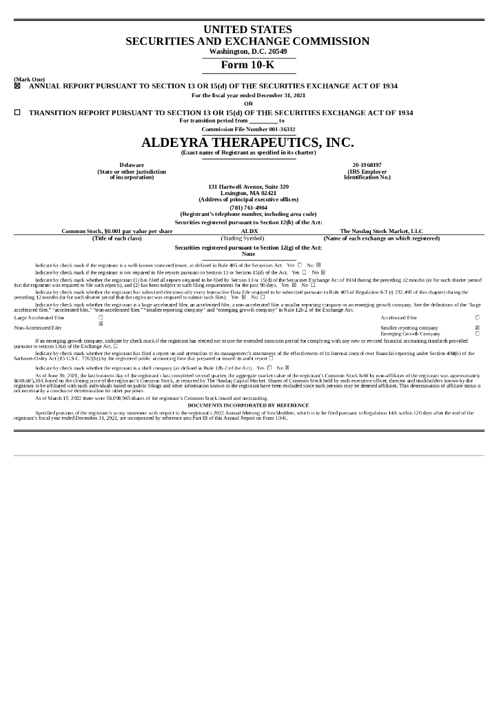 Aldeyra Therapeutics, Inc.（ALDX）2021财年年度报告（英文版）
