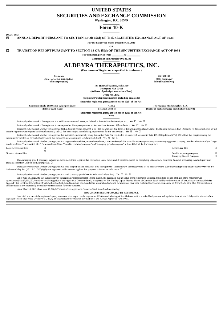 Aldeyra Therapeutics, Inc.（ALDX）2020财年年度报告（英文版）