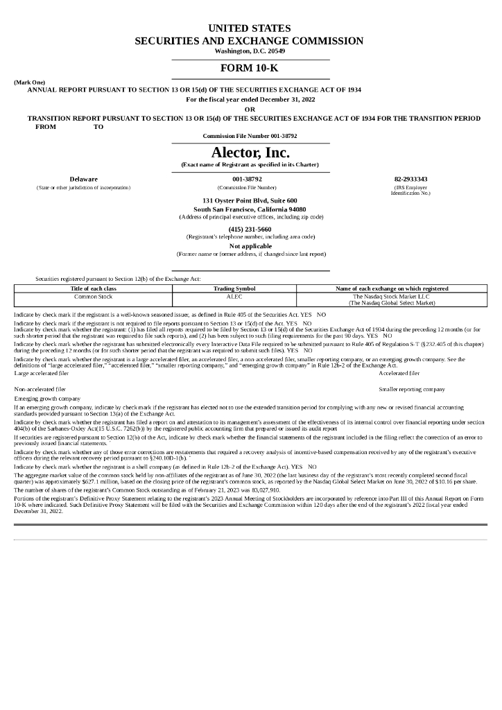 Alector, Inc.（ALEC）2022财年年度报告（英文版）