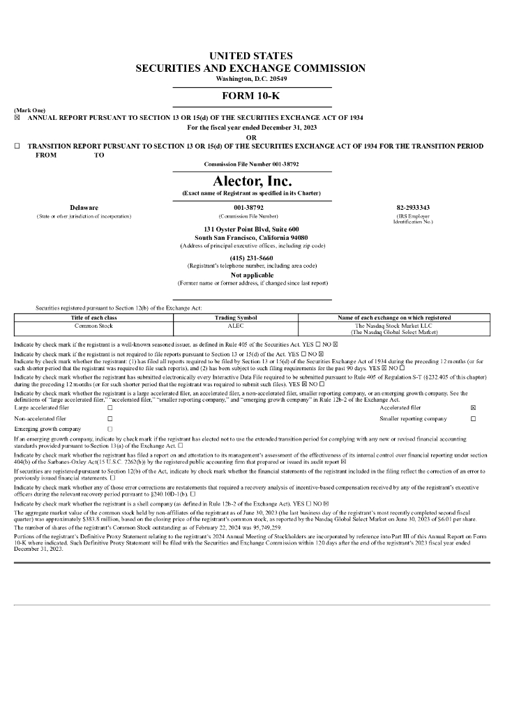 Alector, Inc.（ALEC）2023财年年度报告（英文版）