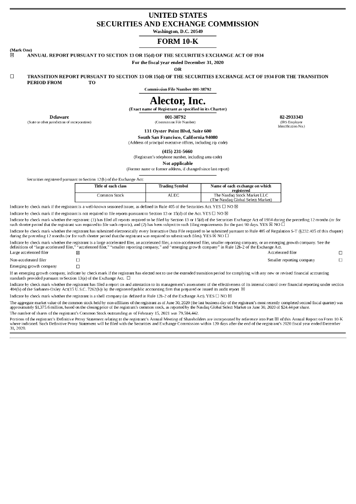 Alector, Inc.（ALEC）2020财年年度报告（英文版）