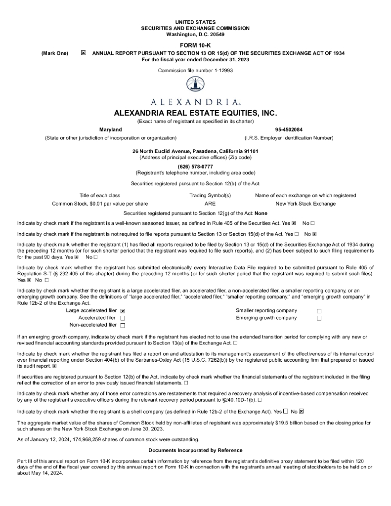 Alexandria Real Estate Equities, Inc.（ARE）2023财年年度报告（英文版）