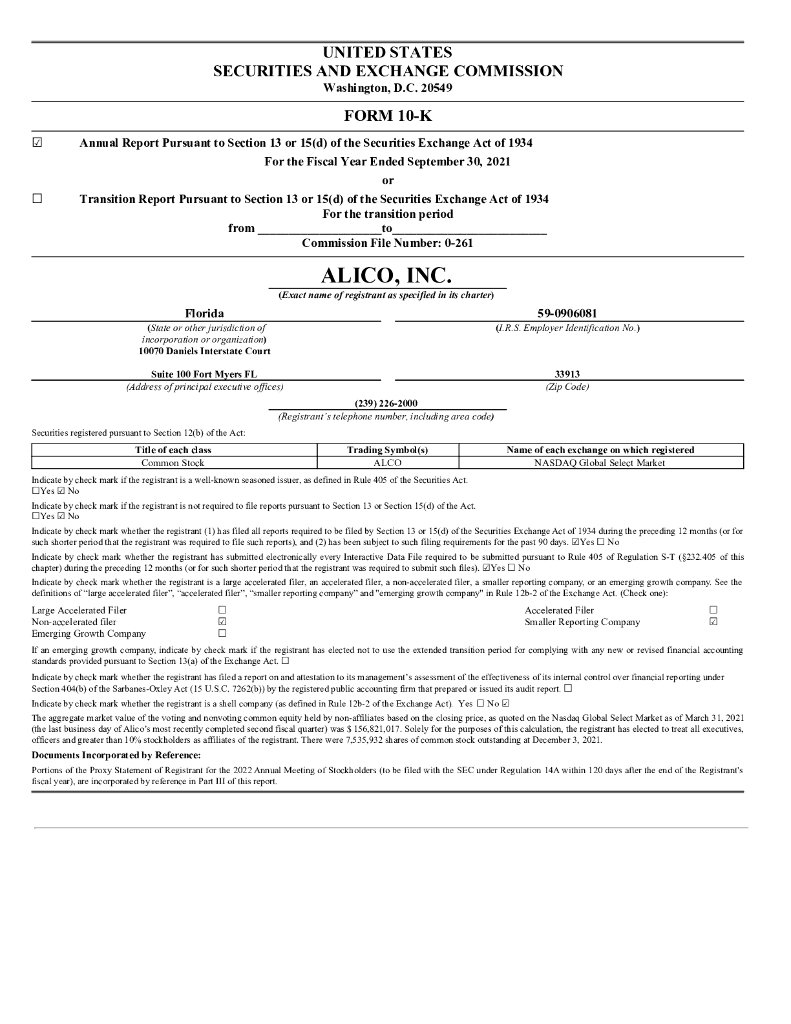 Alico Inc.（ALCO）2021财年年度报告（英文版）
